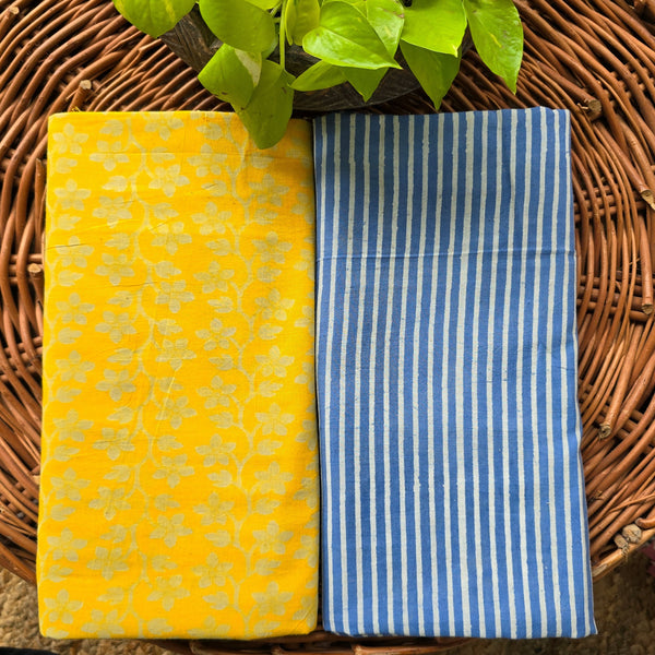 Top Bottom Combo Pure Cotton Dabu Yellow With White Flower Jaal Top And Blue Stripes Bottom Fabric (2.5 Meters Each)