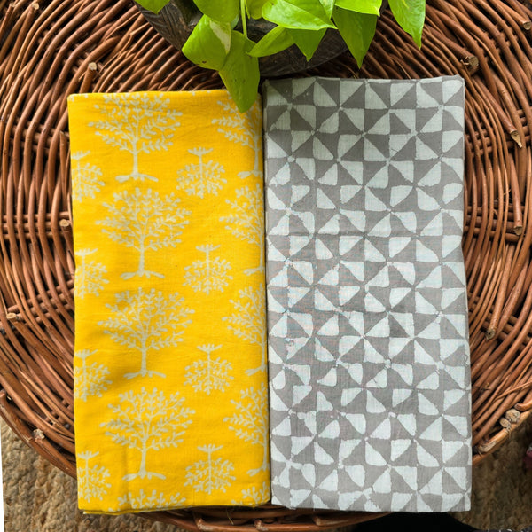 Top Bottom Combo Pure Cotton Dabu Yellow With White Tree Motif Top And Grey With Triangle Bottom Fabric (2.5 Meters Each)