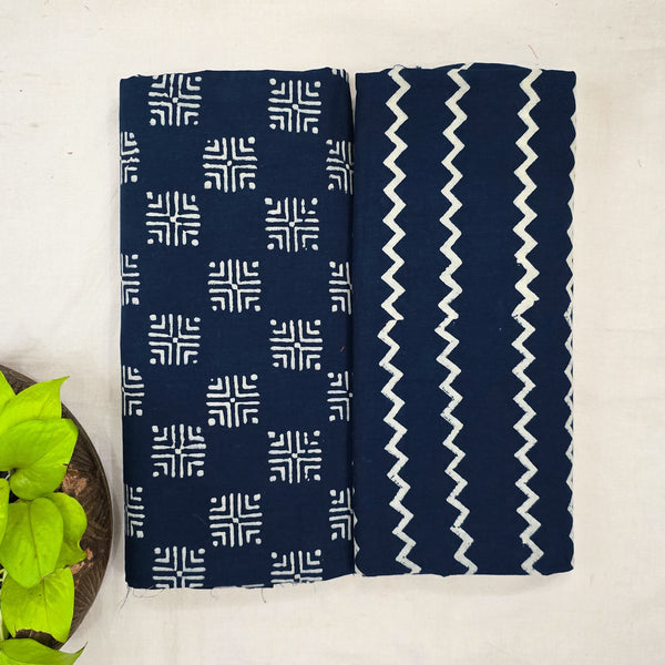 Top Bottom Combo Pure Cotton Gamthi Navy Blue With White Checks Design Fabric And Navy Blue With White Zig Zag Bottom Fabric (2.5 Meters Each)