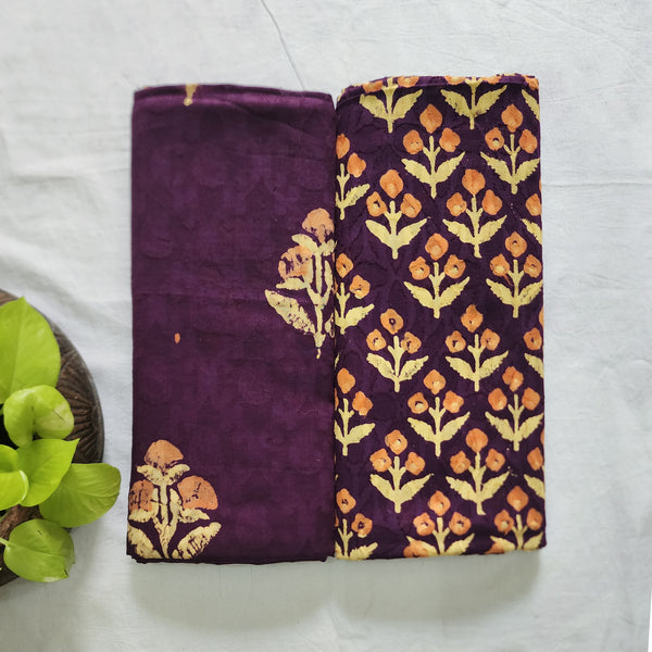 Top Bottom Combo Pure Cotton Doby Dabu Purple Big Flower Motif Top Fabric And Purple With Orange Flower Plant Motif Bottom Fabric (2.5 Meters Each)