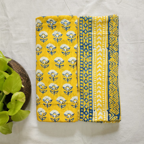 Top Bottom Combo Pure Cotton Doby Dabu Yellow Flower Motif Top Fabric And Yellow And Blue And White Border Bottom Fabric (2.5 Meters Each)