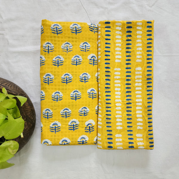 Top Bottom Combo Pure Cotton Doby Dabu Yellow Flower Motif Top Fabric And Yellow And Blue Dash Stripes Bottom Fabric (2.5 Meters Each)