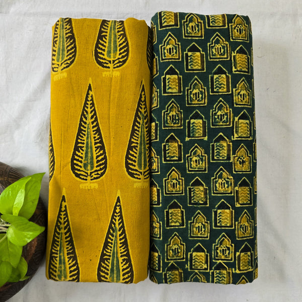 Top Bottom Combo Pure Cotton Haldi Dyed Ajrak Gulmohar Motifs Fabric With Green Ajrak Small Windows Ajrak Bottom Fabric (2.5 Meters Each)