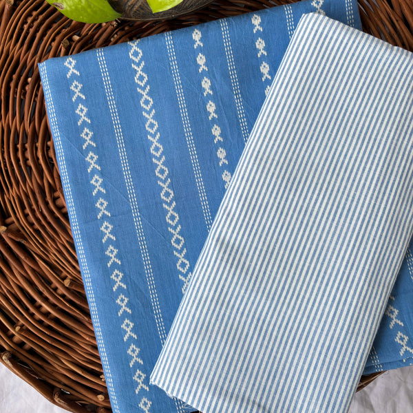 Top Bottom Combo Pure Cotton Handloom Blue  With White Fish Border Top Fabric And White With Blue Lines Bottom Fabric (2.5 Meters Each)