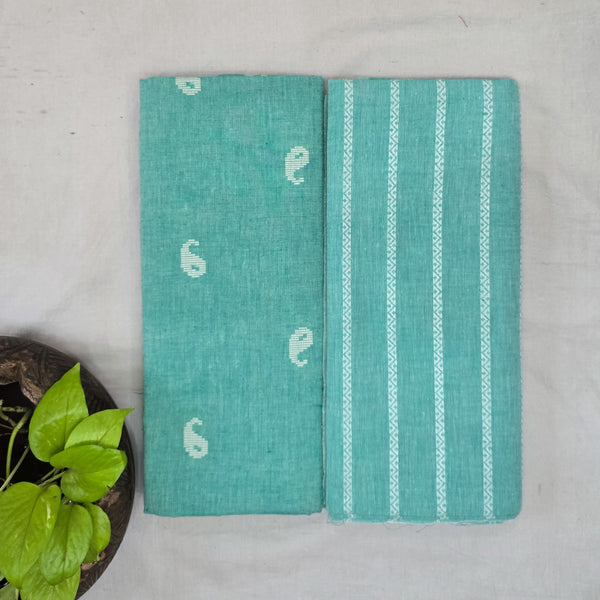 Top Bottom Combo Pure Cotton Handloom Blue With White Small Kairi Fabric With Handloom Blue With White Stripes Bottom Fabric (2.5 Meters Each)