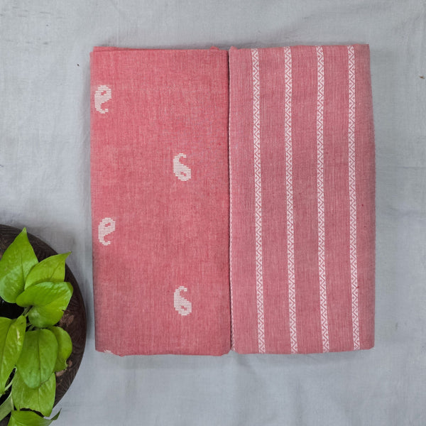 Top Bottom Combo Pure Cotton Handloom Peach With White Small Kairi Fabric With Handloom Peach With White Stripes Bottom Fabric (2.5 Meters Each)