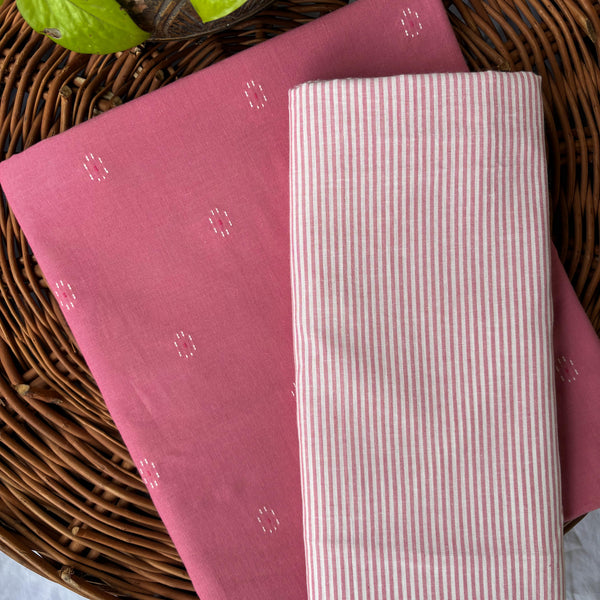 Top Bottom Combo Pure Cotton Handloom Pink With White Flower Top Fabric And White With Pink Lines Bottom Fabric (2.5 Meters Each)