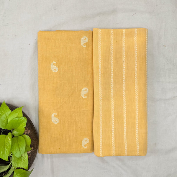 Top Bottom Combo Pure Cotton Handloom Yellow With White Small Kairi Fabric With Handloom Yellow With White Stripes Bottom Fabric (2.5 Meters Each)