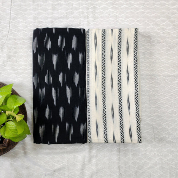 Top Bottom Combo Pure Cotton Ikkat Black With White Design Top Fabric And White And Black Border Bottom Fabric (2.5 Meters Each)