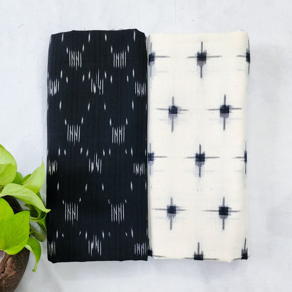 Top Bottom Combo Pure Cotton Ikkat Black With White Design Top Fabric And White With Black Bottom Fabric (2.5 Meters Each)