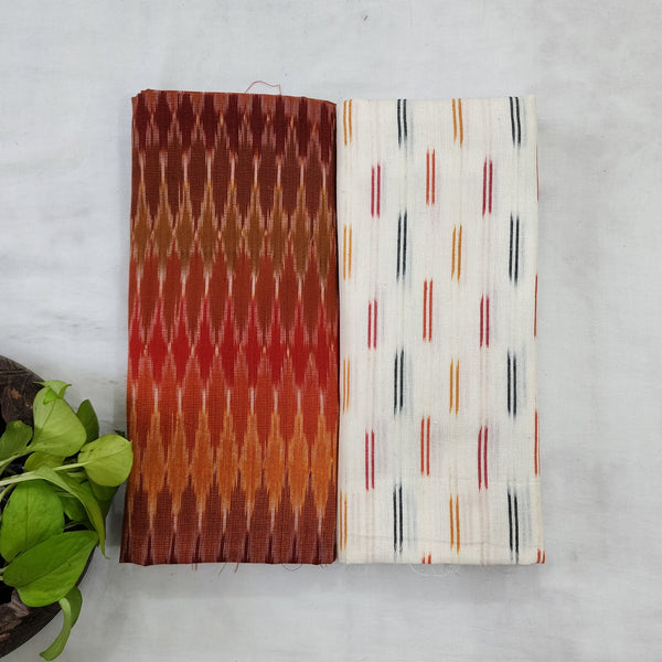 Top Bottom Combo Pure Cotton Ikkat Brown With Mustard And Orange Shades Top Fabric With White With Different Colour Stripes Bottom Fabric (2.5 Meters Each)