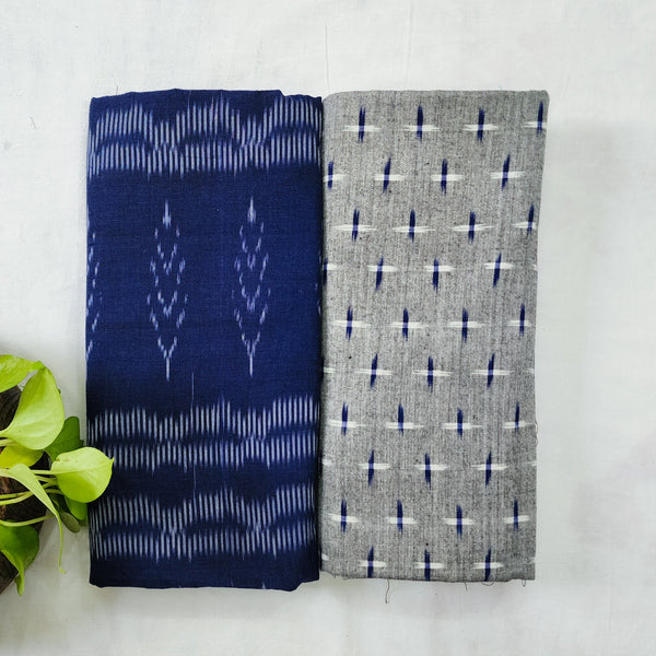 Top Bottom Combo Pure Cotton Ikkat Dark Blue With White Top Fabric And Grey With Blue Design Bottom Fabric (2.5 Meters Each)