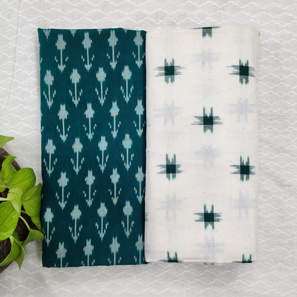 Top Bottom Combo Pure Cotton Mercerised Ikkat Dark Green With White Flower Buds Top Fabric And White With Green Design Bottom Fabric (2.5 Meters Each)