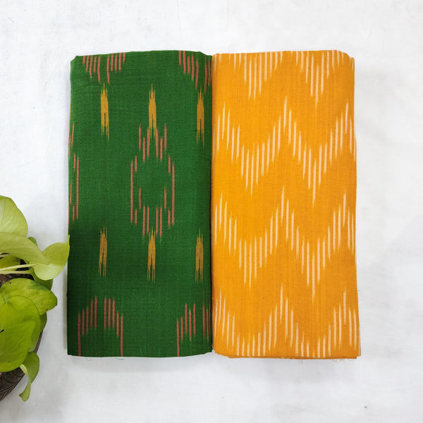 Top Bottom Combo Pure Cotton Ikkat Dark Green With Yellow Design Top Fabric And Yellow With White Zig-Zag Bottom Fabric  (2.5 Meters Each)