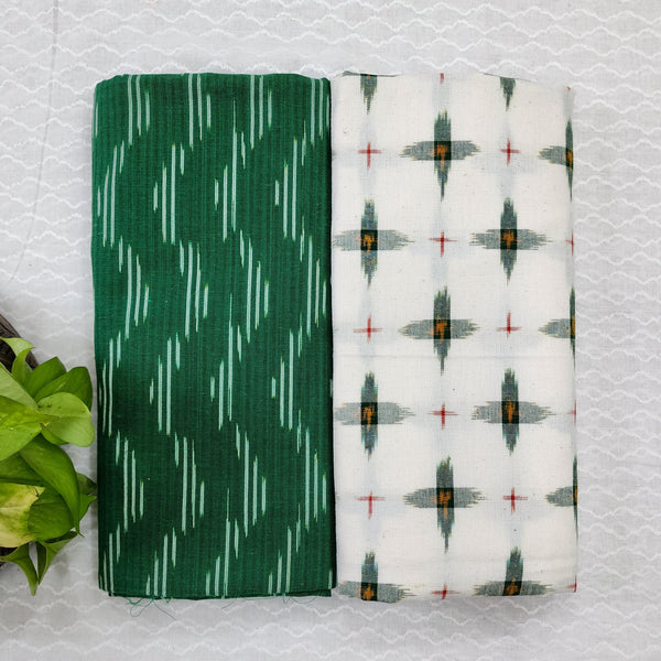 Top Bottom Combo Pure Cotton Ikkat Green With White Design Top Fabric And White With Green Plus Bottom Fabric (2.5 Meters Each)