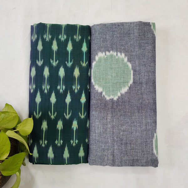 Top Bottom Combo Pure Cotton  Mercerised Ikkat Green With White Flower Buds Top And Grey With Green Bottom (2.5 Meters Each)