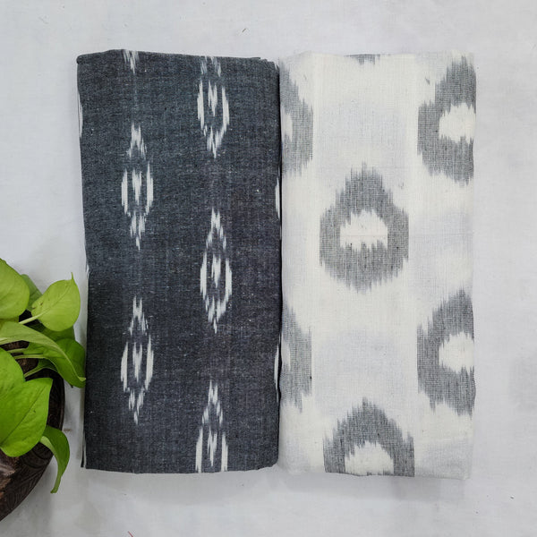 Top Bottom Combo Pure Cotton Ikkat Grey With White Top Fabric And Grey With White Bottom Fabric (2.5 Meters Each)