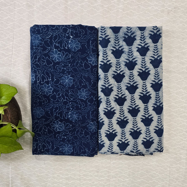 Top Bottom Combo Pure Cotton Indigo Blue Top And White With Blue Rose Creeper Bottom Fabric (2.5 Meters Each)