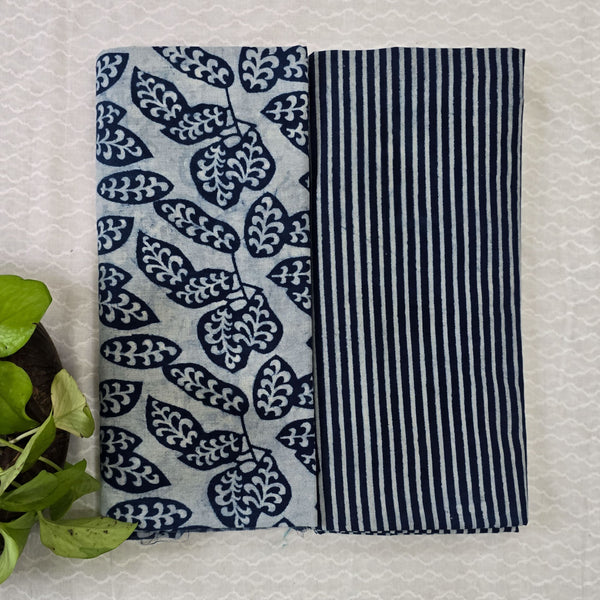 Top Bottom Combo Pure Cotton Indigo White With Blue Leaves Top And  Stripes Bottom Fabric (2.5 Meters Each)