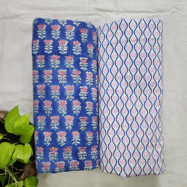 Top Bottom Combo Pure Cotton Jaipuri Blue With Lotus Motifs Fabric With  White And Blue Jaipuri  Small Jaal Bottom Fabric (2.5 Meters Each)