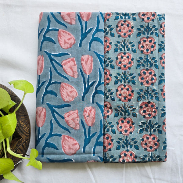 Top Bottom Combo Pure Cotton Jaipuri Blue With Peach Flower Jaal Top Fabric And Blue With Peach Flower Creeper  Bottom Fabric (2.5 Meters Each)