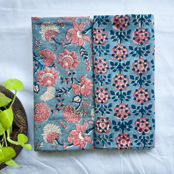 Top Bottom Combo Pure Cotton Jaipuri Blue With Pink Flower Jaal Top Fabric And Blue With Peach Flower Creeper Bottom Fabric (2.5 Meters Each)