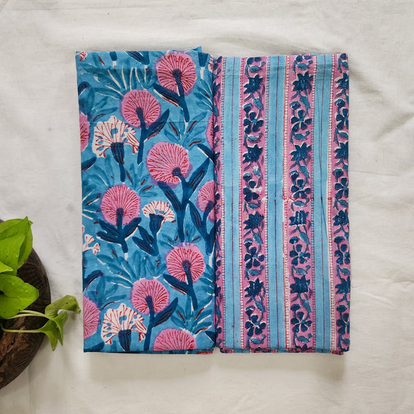 Top Bottom Combo Pure Cotton Jaipuri Blue With Pink Flower Jaal Top Fabric And Blue With Pink Border Bottom Fabric  (2.5 Meters Each)