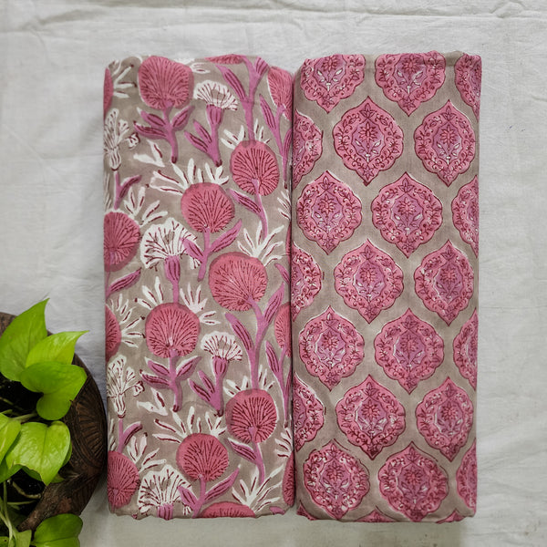 Top Bottom Combo Pure Cotton Jaipuri Brown  With Pink Flower Jaal Fabric With Pink And Brown Jaipuri  Intricate Design Bottom Fabric (2.5 Meters Each)