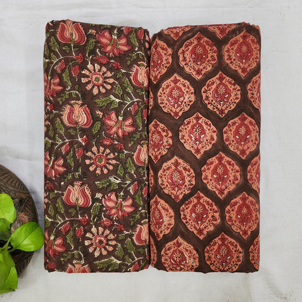 Top Bottom Combo Pure Cotton Jaipuri Dark Green With Red Flower Jaal Fabric Black With Red Intricate Leaves Motif Jaipuri  Bottom Fabric (2.5 Meters Each)