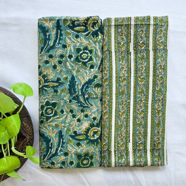 Top Bottom Combo Pure Cotton Jaipuri Green With Dark Green Flower Jaal Top Fabric And White With Green Border Bottom Fabric (2.5 Meters Each)