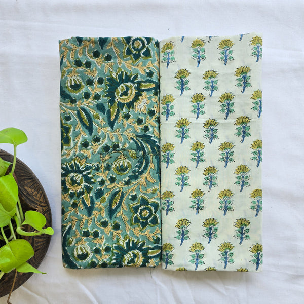 Top Bottom Combo Pure Cotton Jaipuri Green With Dark Green Flower Jaal Top Fabric And White With Green Flower Motif Bottom Fabric (2.5 Meters Each)