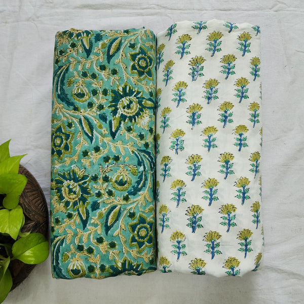 Top Bottom Combo Pure Cotton Jaipuri Green With Light Brown Flower Jaal Fabric With White And Green And Yellow Jaipuri  Flower Motif Bottom Fabric (2.5 Meters Each)