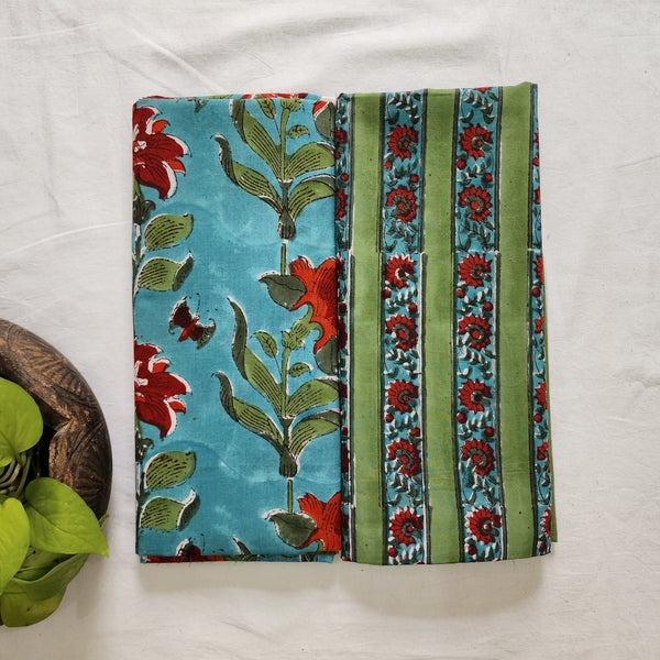 Top Bottom Combo Pure Cotton Jaipuri Green With Red Flower Creeper Top Fabric And Green With Blue And Red Flower Border Bottom Fabric (2.5 Meters Each)