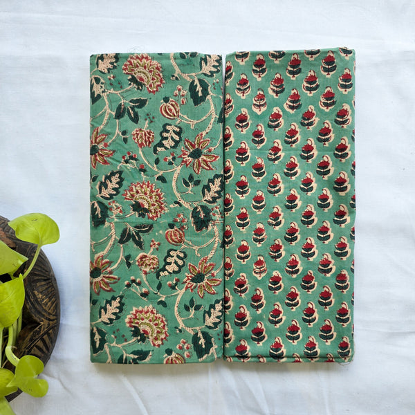 Top Bottom Combo Pure Cotton Jaipuri Green With Red Flower Jaal Top Fabric And Green With Red Small Flower Buds Motif  (2.5 Meters Each )