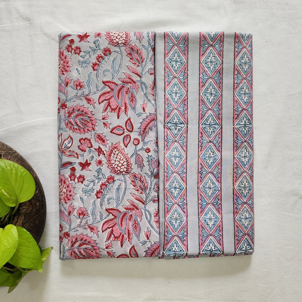 Top Bottom Combo Pure Cotton Jaipuri Grey With Pink Flower Jaal Top Fabric And Grey With Pink Border Bottom Fabric (2.5 Meters Each)