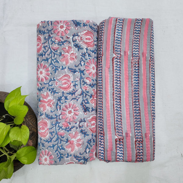 Top Bottom Combo Pure Cotton Mul Jaipuri Grey With Pink Jungle Flower Jaal Fabric Grey With Blue And Pink Border Jaipuri   Bottom Fabric (2.5 Meters Each)