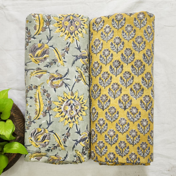 Top Bottom Combo Pure Cotton Jaipuri Grey With Sandy Brown Wild Flower Jaal Fabric With Sandy Brown And Grey Jaipuri  Flower Motif Bottom Fabric (2.5 Meters Each)