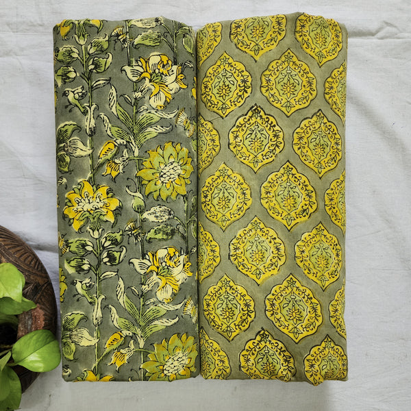 Top Bottom Combo Pure Cotton Jaipuri Grey With Yellow Flower Creeper Fabric With Grey And Yellow And Green Intricate Design Leaves Motif Jaipuri  Bottom Fabric (2.5 Meters Each)