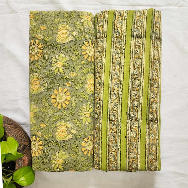 Top Bottom Combo Pure Cotton Jaipuri Grey With Yellow Flower Jaal Fabric With Grey And Yellow And Green Border Jaipuri  Bottom Fabric (2.5 Meters Each