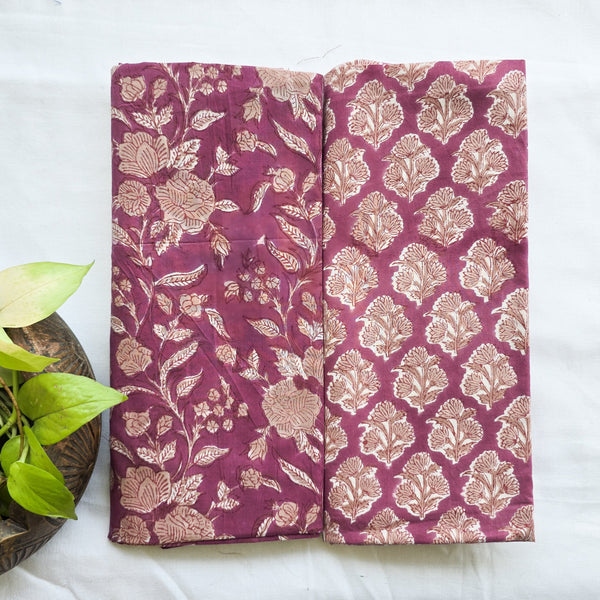 Top Bottom Combo Pure Cotton Jaipuri Mauve With Light Brown Flower Jaal Top Fabric And Mauve With Light Brown Flower Motif Bottom Fabric (2.5 Meters Each)