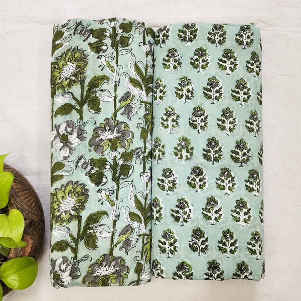 Top Bottom Combo Pure Cotton Jaipuri Mint Green With Dark Green Flower Creeper Fabric With Mint Green  And Dark Green Flower Motif Jaipuri  Bottom Fabric (2.5 Meters Each)