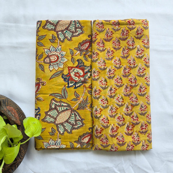 Top Bottom Combo Pure Cotton Jaipuri Mustard With Grey Wild Flower Jaal Top Fabric And Mustard With Green And Orange Flower Motif Bottom Fabric (2.5 Meters Each)