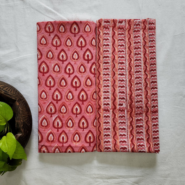 Top Bottom Combo Pure Cotton Jaipuri Peach With Red Leaves Motif Top Fabric And Peach And Red Border Bottom Fabric (2.5 Meters Each)