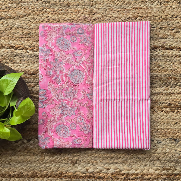 Top Bottom Combo Pure Cotton Jaipuri Pink And Grey Flower Jaal Top Fabric And Pink Stripes Bottom Fabric (2.5 Meters Each)