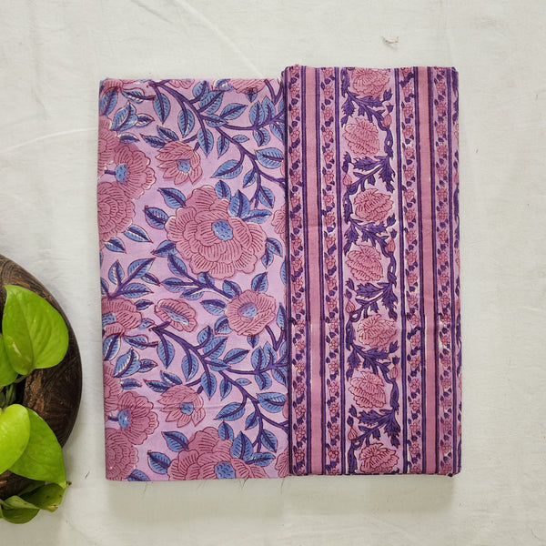 Top Bottom Combo Pure Cotton Jaipuri Purple Flower Jaal Top Fabric And Purple Border Bottom Fabric (2.5 Meters Each)