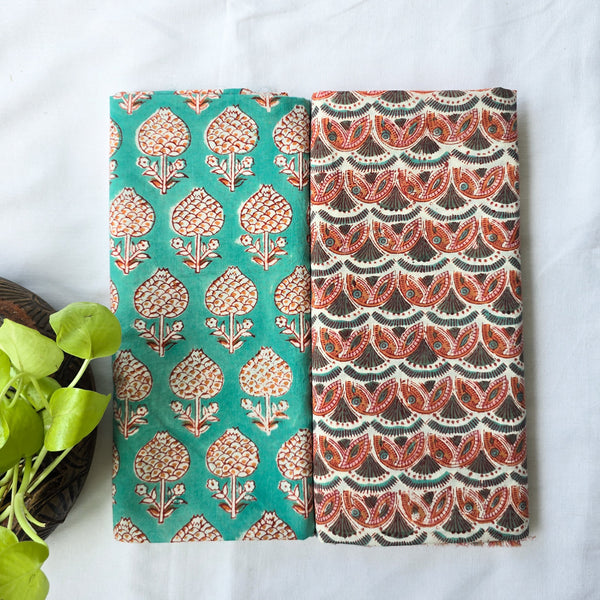 Top Bottom Combo Pure Cotton Jaipuri Teal Green With Orange Mushroom Motif Top Fabric And Orange And White Intricate Design Bottom Fabric (2.5 Meters Each)