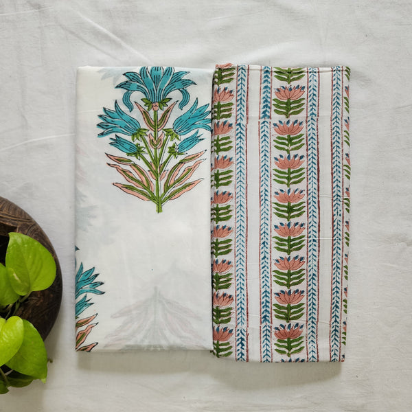 Top Bottom Combo Pure Cotton Jaipuri White And Blue Big Flower Motif Top Fabric And Peach And Green Border Bottom Fabric (2.5 Meters Each)