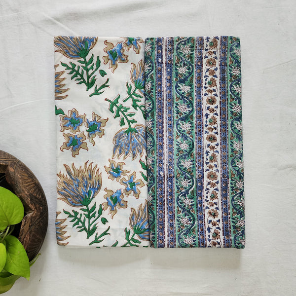 Top Bottom Combo Pure Cotton Jaipuri White And Light Green Flower Jaal Top Fabric And Blue Border Bottom Fabric (2.5 Meters Each)