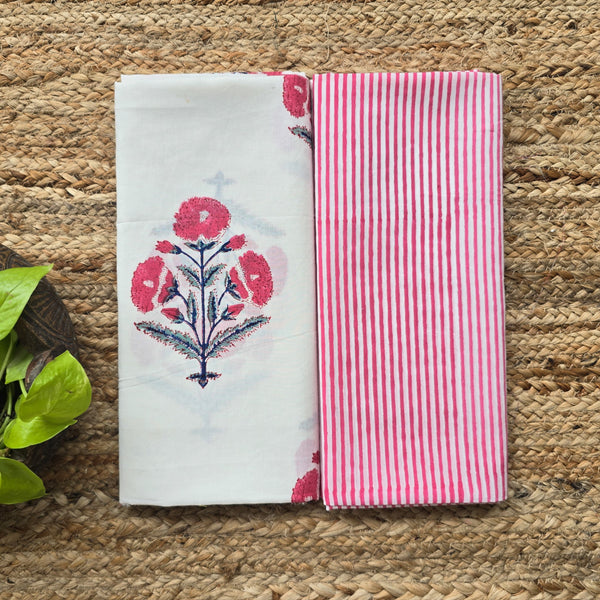 Top Bottom Combo Pure Cotton Jaipuri White And Pink Flower Motif Top Fabric And Pink Stripes Bottom Fabric (2.5 Meters Each)