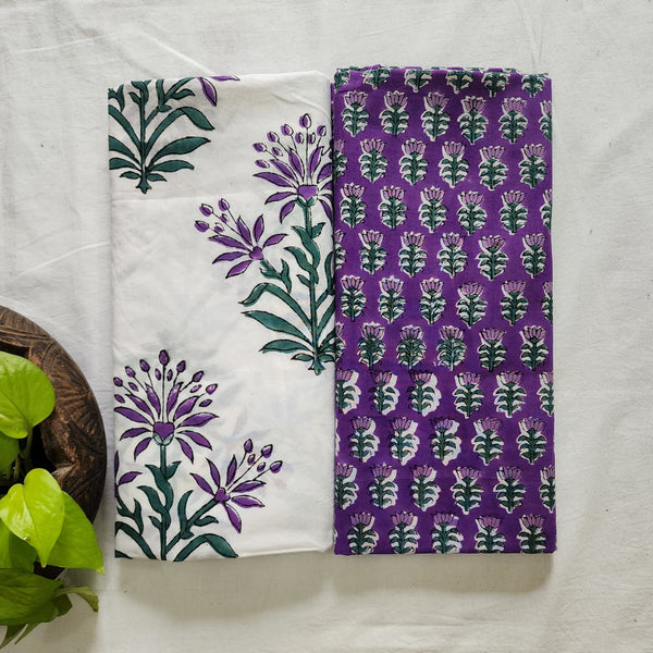 Top Bottom Combo Pure Cotton Jaipuri White With Purple Big Flower Motif Top Fabric And Purple With Flower Motif Bottom Fabric (2.5 Meters Each)